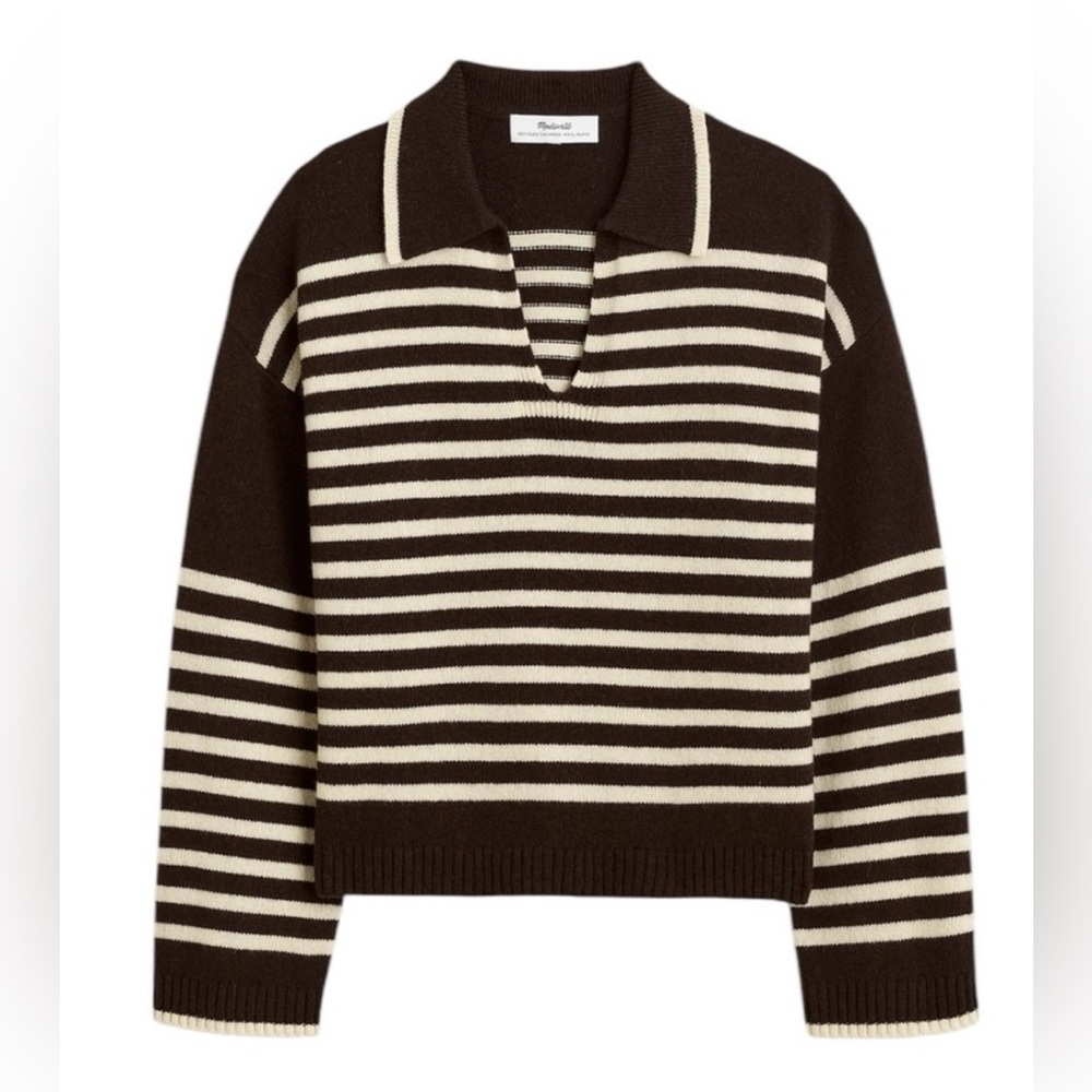 Madewell Cashmere-Wool Blend Polo Sweater in Espresso Brown Stripe